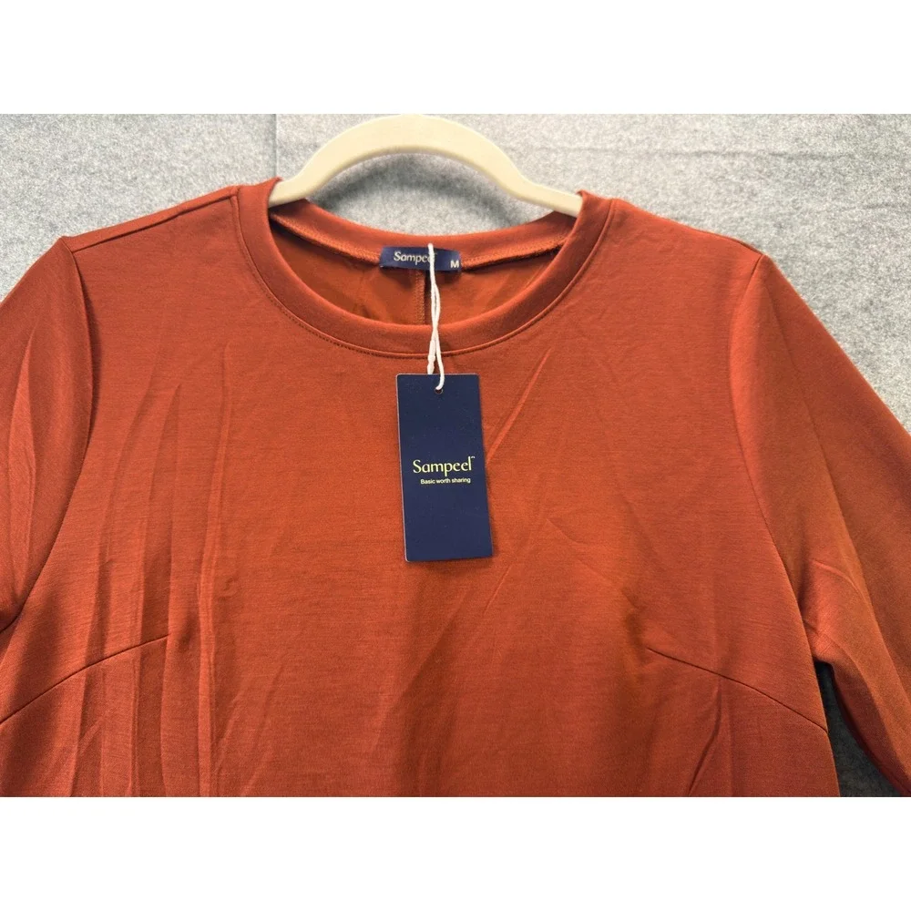 Sampeel Shift Dress Womens Medium Rust Orange Long Sleeve Crew Neck Side Slit